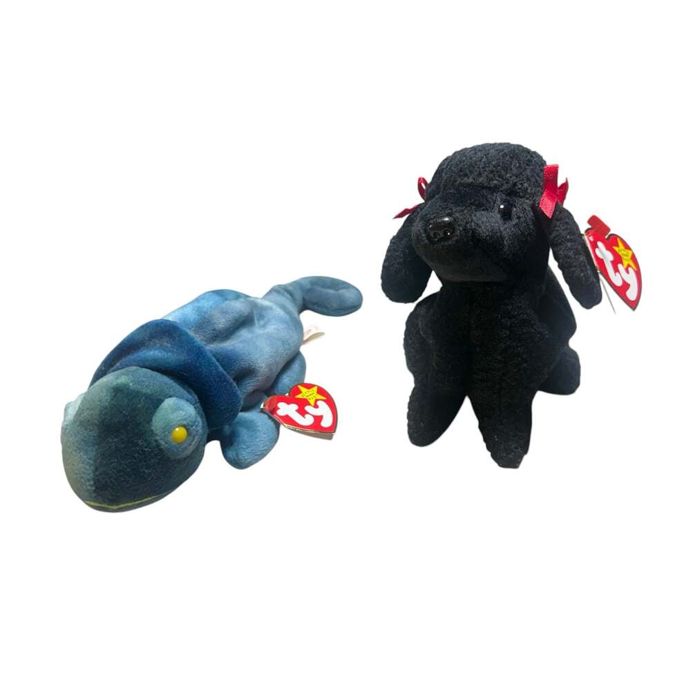 Ty Beanie Babies GiGi The Black Poodle & Rainbow The Chameleon Plush Lot